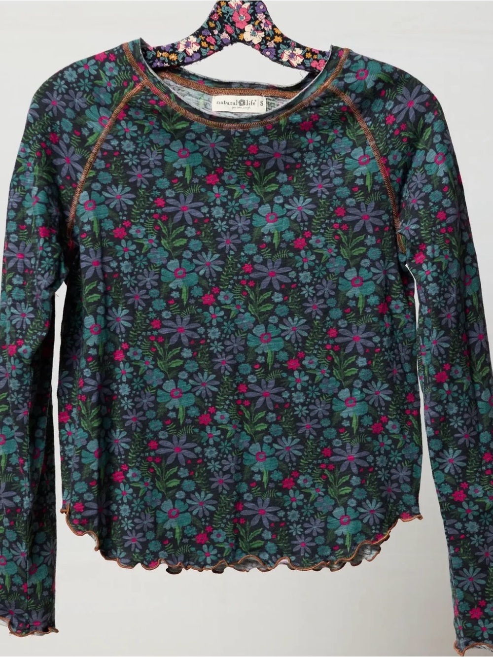 Natural Life Lily Floral Cotton Long Sleeve Top Lettuce Hem Size XL Pullover